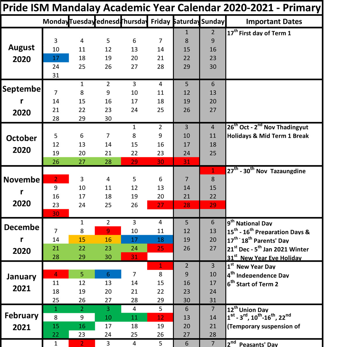 Calendar EYFS / Primary / Secondary
